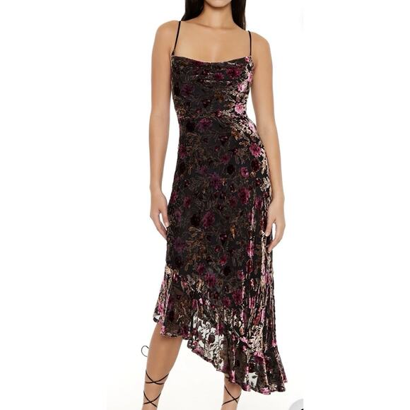 Forever 21 Dresses & Skirts - Y2K Sheer Burnout Velvet Floral Slip Dress Dark Coquette Grunge Fairy Asymetric